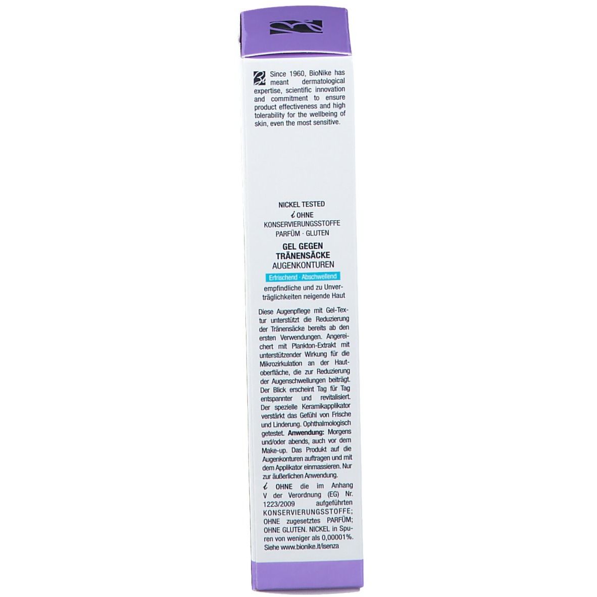 Confezione del prodotto, retro. Testo multilingue. Nome del prodotto: Gel Anti-Borse. Marchio: BioNike.