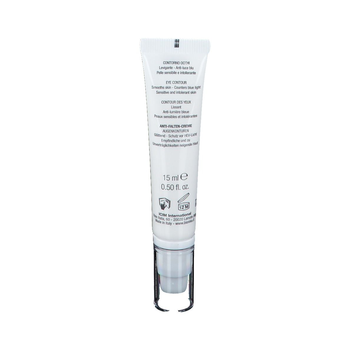 Rückseite einer weißen Tube mit Augencreme. Text: Augen-Kontur, Anti-Falten-Creme. 15 ml.