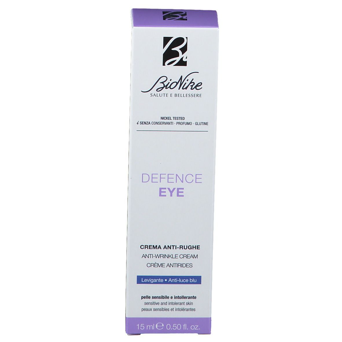 Produktverpackung. Aufschrift: Defence Eye, Anti-Falten-Creme. 15 ml.