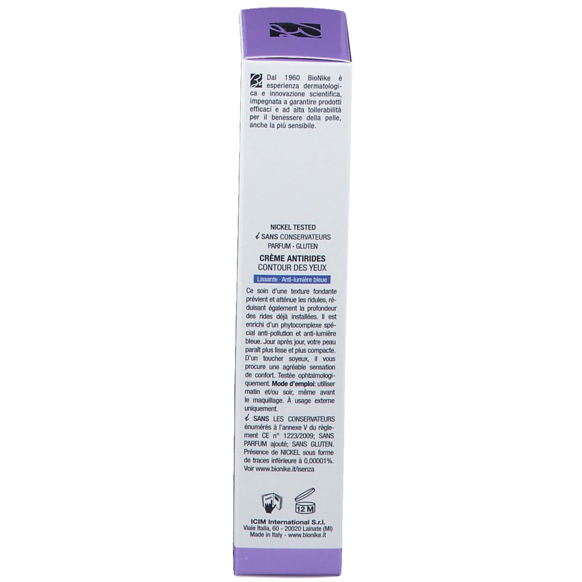 Rückseite der Produktverpackung. Text: Creme Anti-Falten, Augen-Kontur. 15 ml. Inhaltsstoffe.