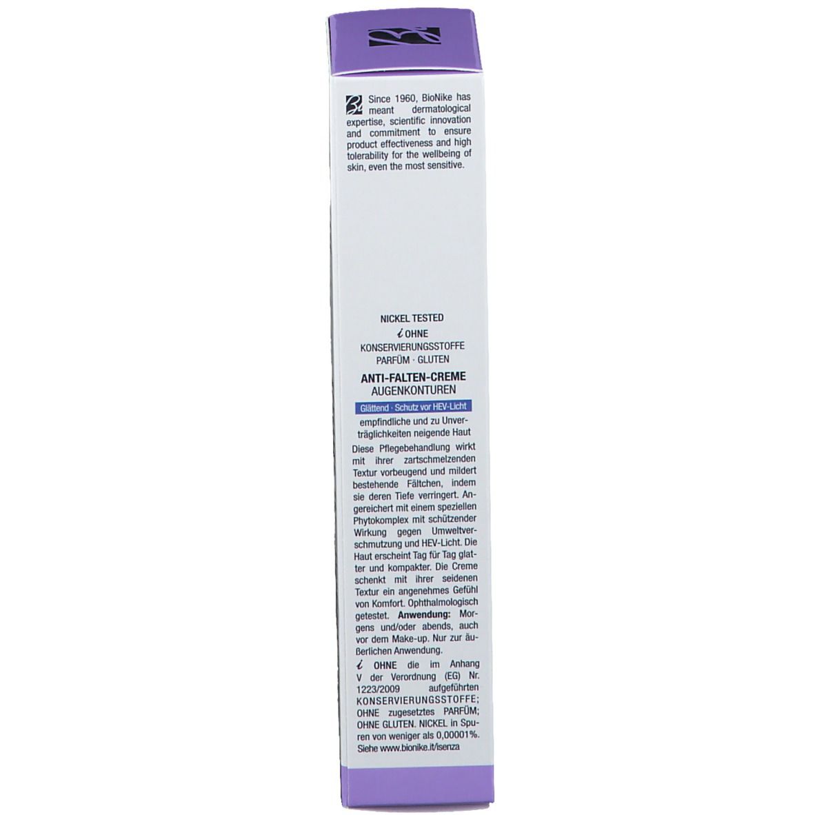 Seite der Produktverpackung. Text: Augen-Kontur, Anti-Falten-Creme. Ohne Konservierungsstoffe.