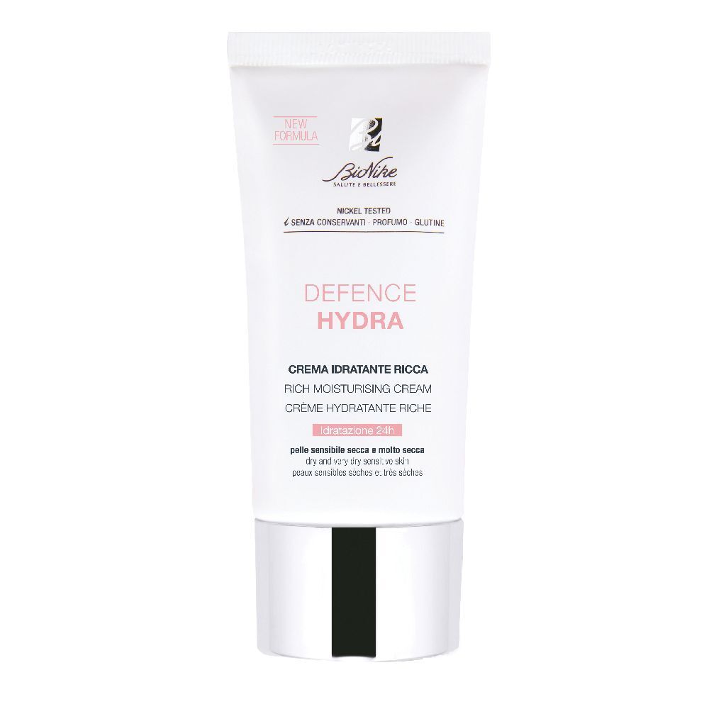 Tubo di crema bianco. Scritta: Defence Hydra, Crema idratante ricca. Marchio: BioNike.