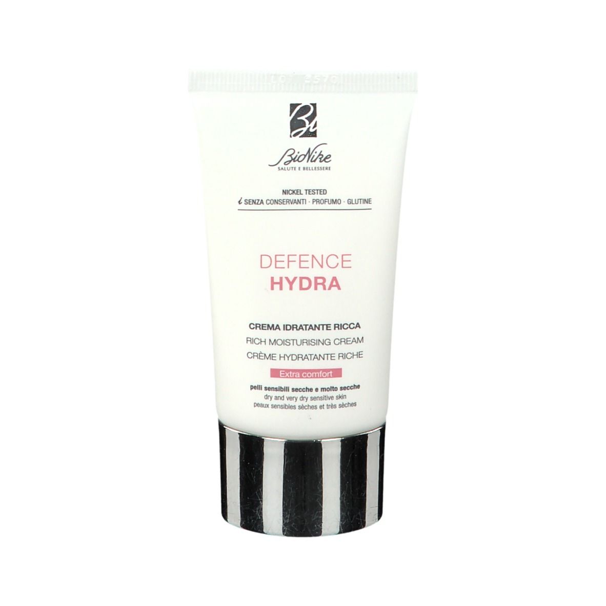 Tubo di crema bianco. Scritta: Defence Hydra, Crema idratante ricca. Marchio: BioNike.
