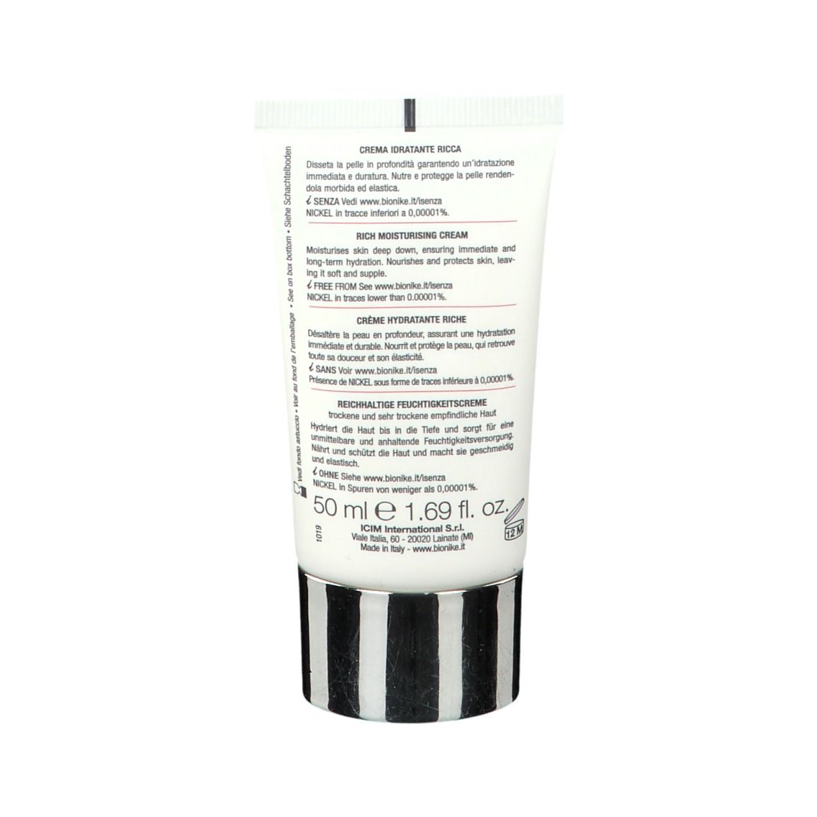 Retro del tubo di crema. Testo multilingue. Marchio: BioNike. Ingredienti e informazioni.