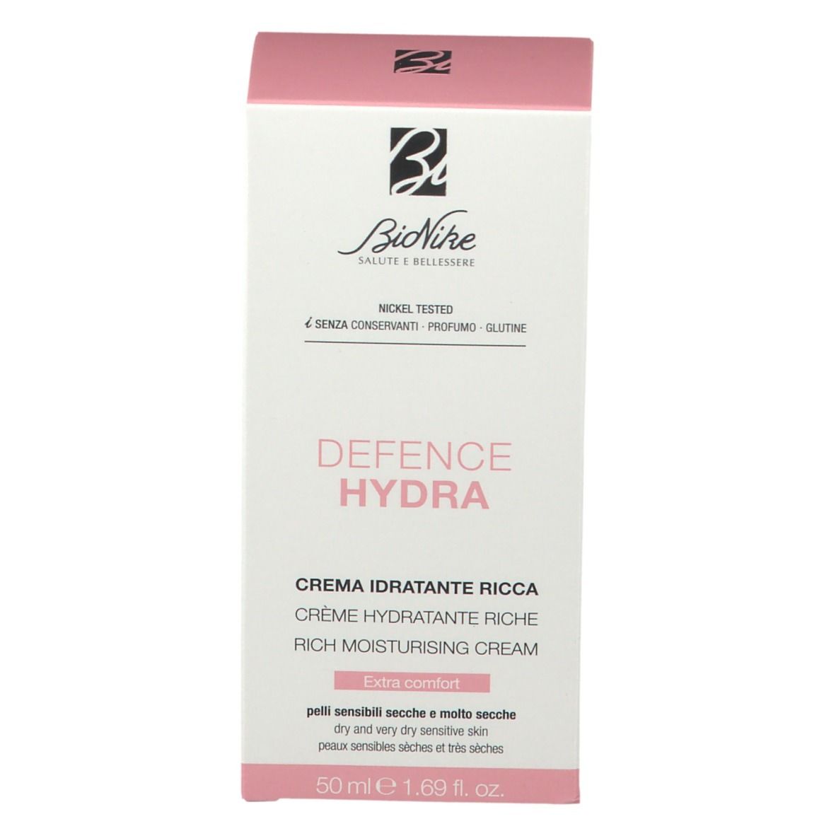 Confezione del prodotto. Scritta: Defence Hydra, Crema idratante ricca. Marchio: BioNike. Rosa e bianco.