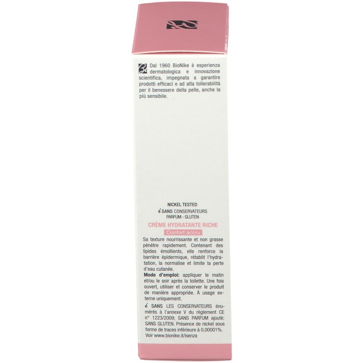 Confezione del prodotto. Testo multilingue. Marchio: BioNike. Ingredienti e informazioni.