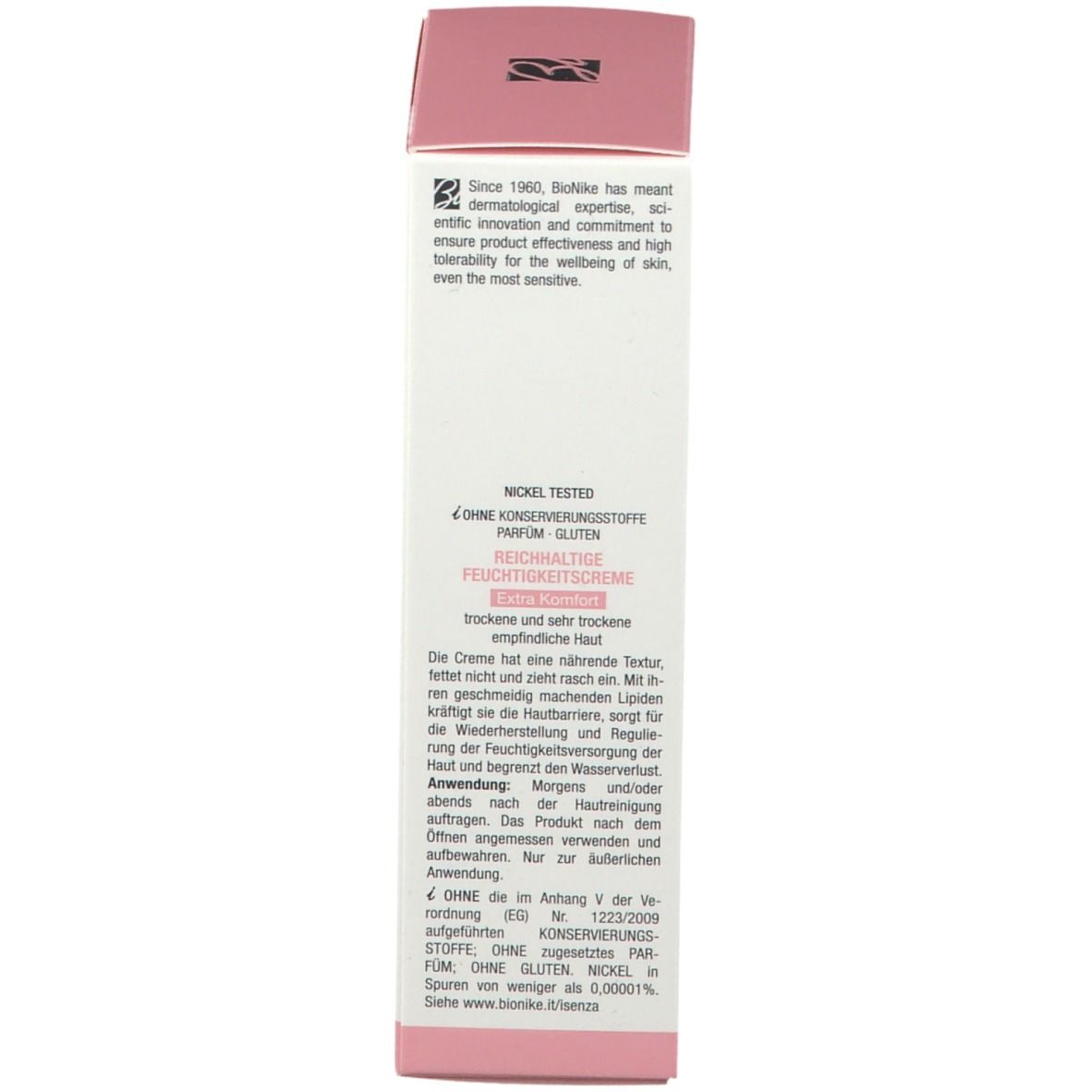 Confezione del prodotto. Testo multilingue. Marchio: BioNike. Ingredienti e informazioni.