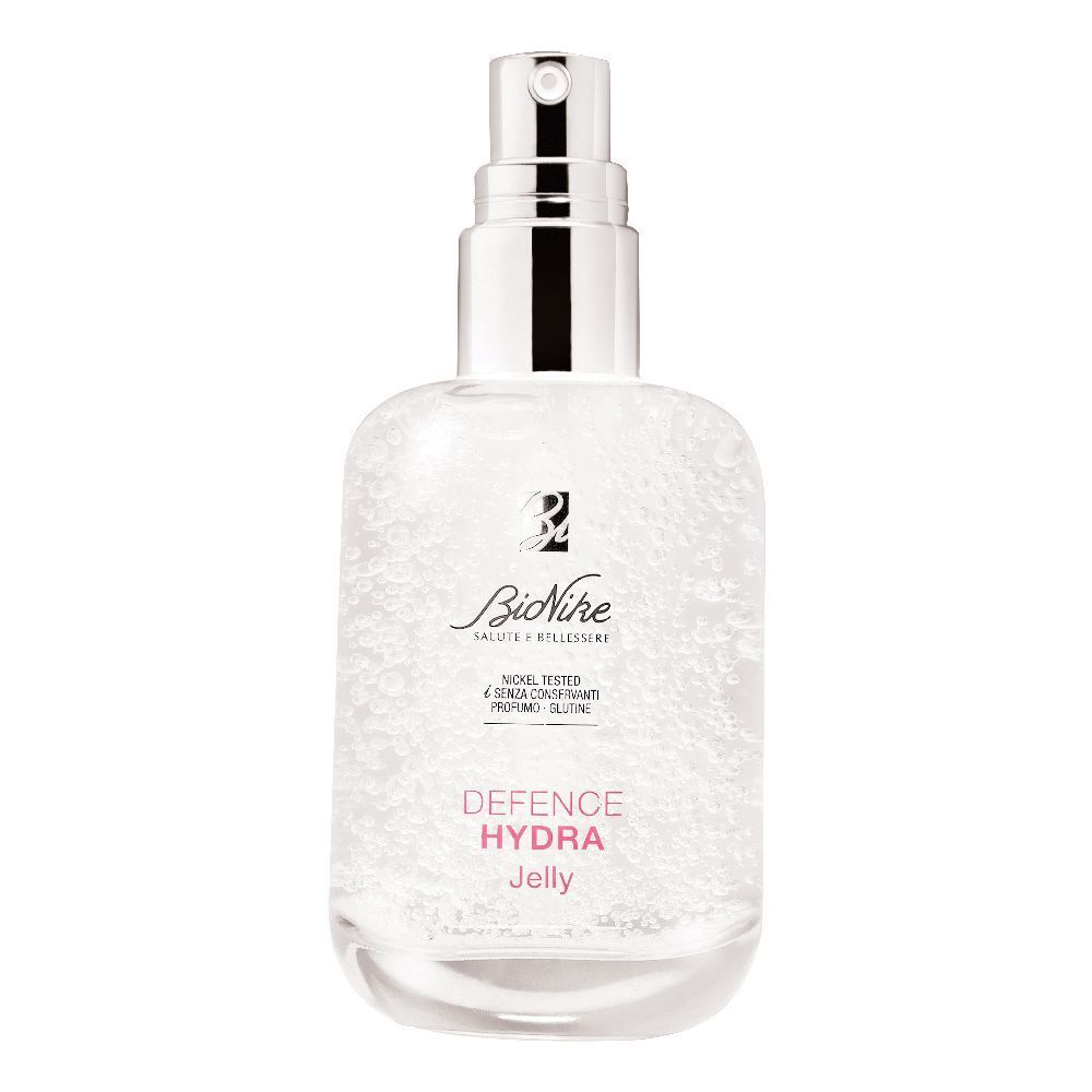 Flacone trasparente con erogatore spray. Scritta: BioNike, Defence Hydra Jelly. Testo: Nickel Tested, senza conservanti, profumo, glutine.