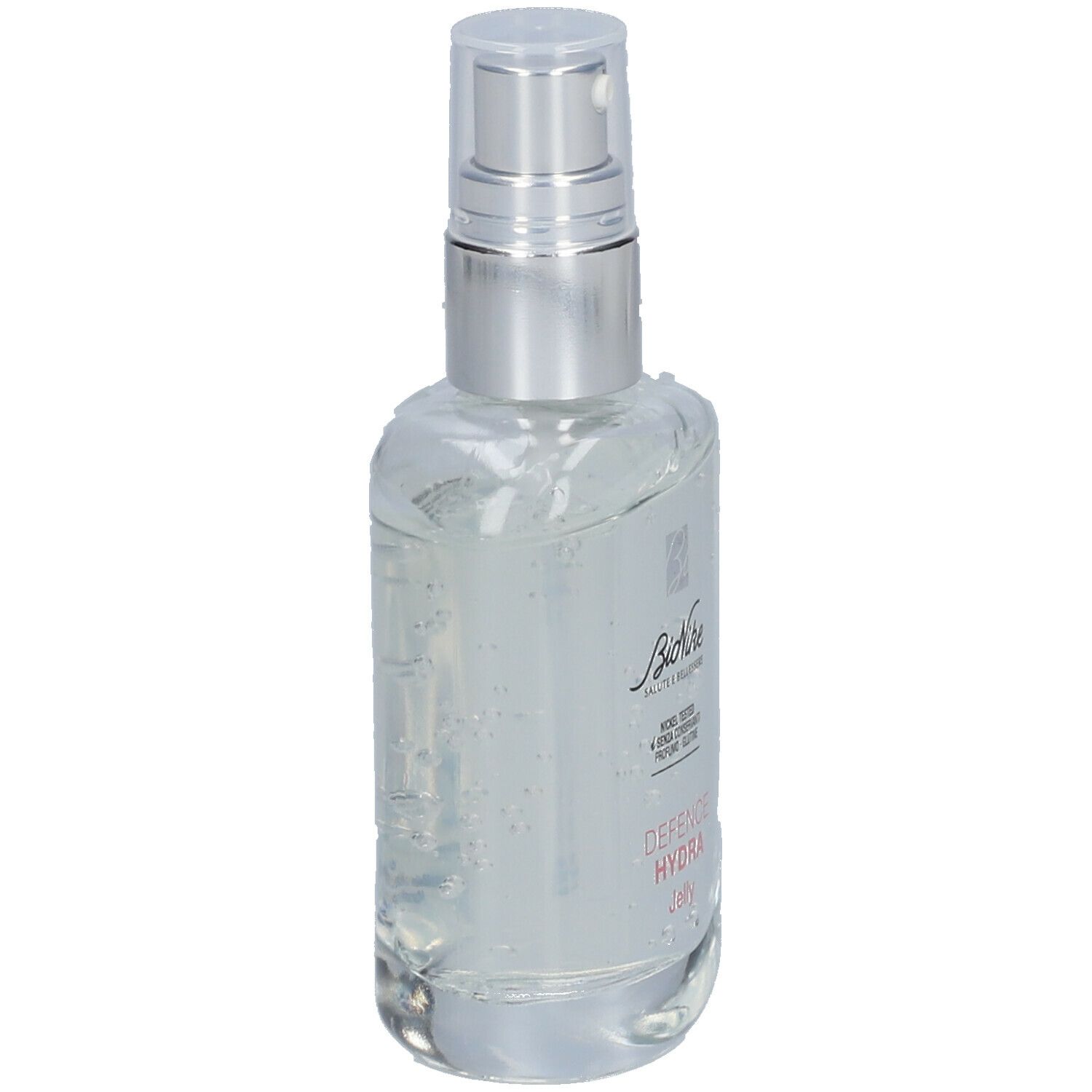 Flacone trasparente con erogatore spray. Scritta: BioNike, Defence Hydra Jelly. Testo: Nickel Tested, senza conservanti, profumo, glutine.