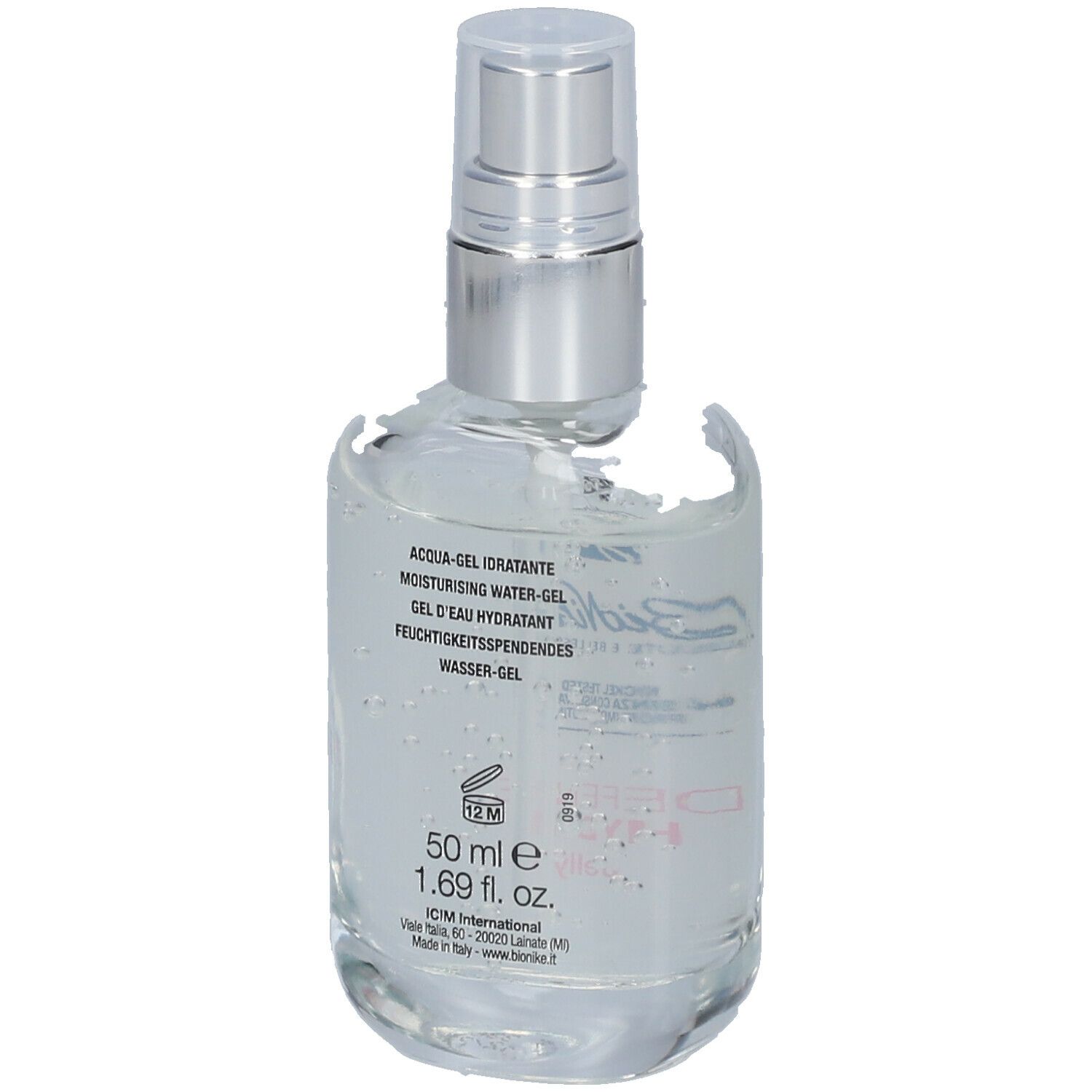 Flacone trasparente con erogatore spray. Scritta: BioNike, Testo: Acqua-Gel Idratante, 50 ml, 1.69 fl. oz.