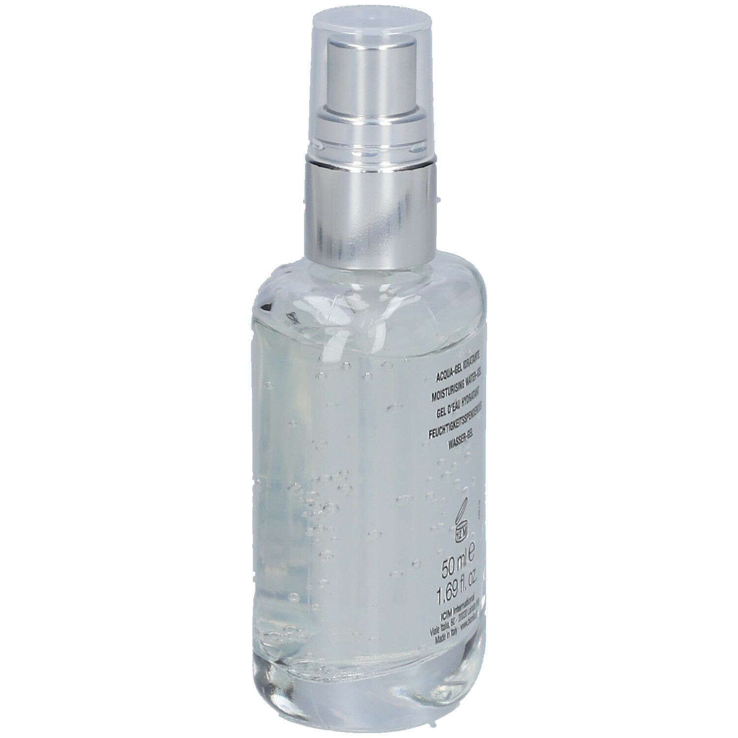 Flacone trasparente con erogatore spray. Scritta: BioNike, Testo: Acqua-Gel Idratante, 50 ml, 1.69 fl. oz.