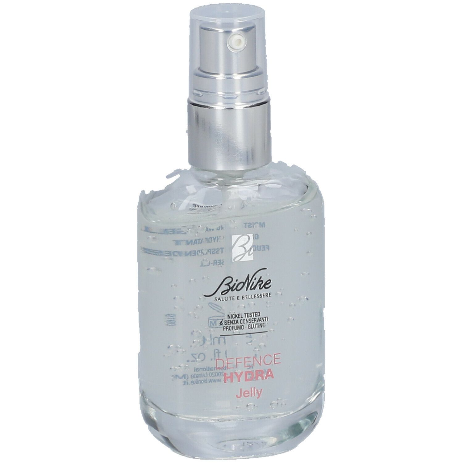 Flacone trasparente con erogatore spray. Scritta: BioNike, Defence Hydra Jelly. Testo: Nickel Tested, senza conservanti, profumo, glutine.