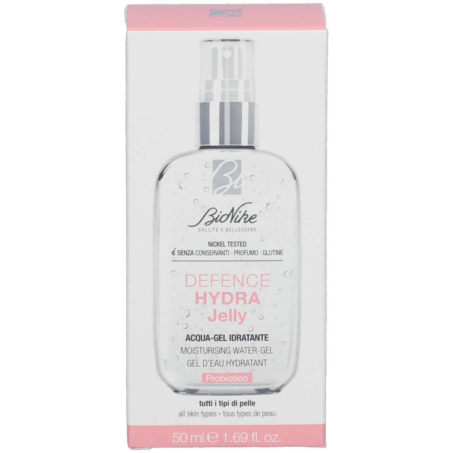 Flacone e confezione. Scritta: BioNike, Defence Hydra Jelly. Testo: Acqua-Gel Idratante, 50 ml, 1.69 fl. oz.