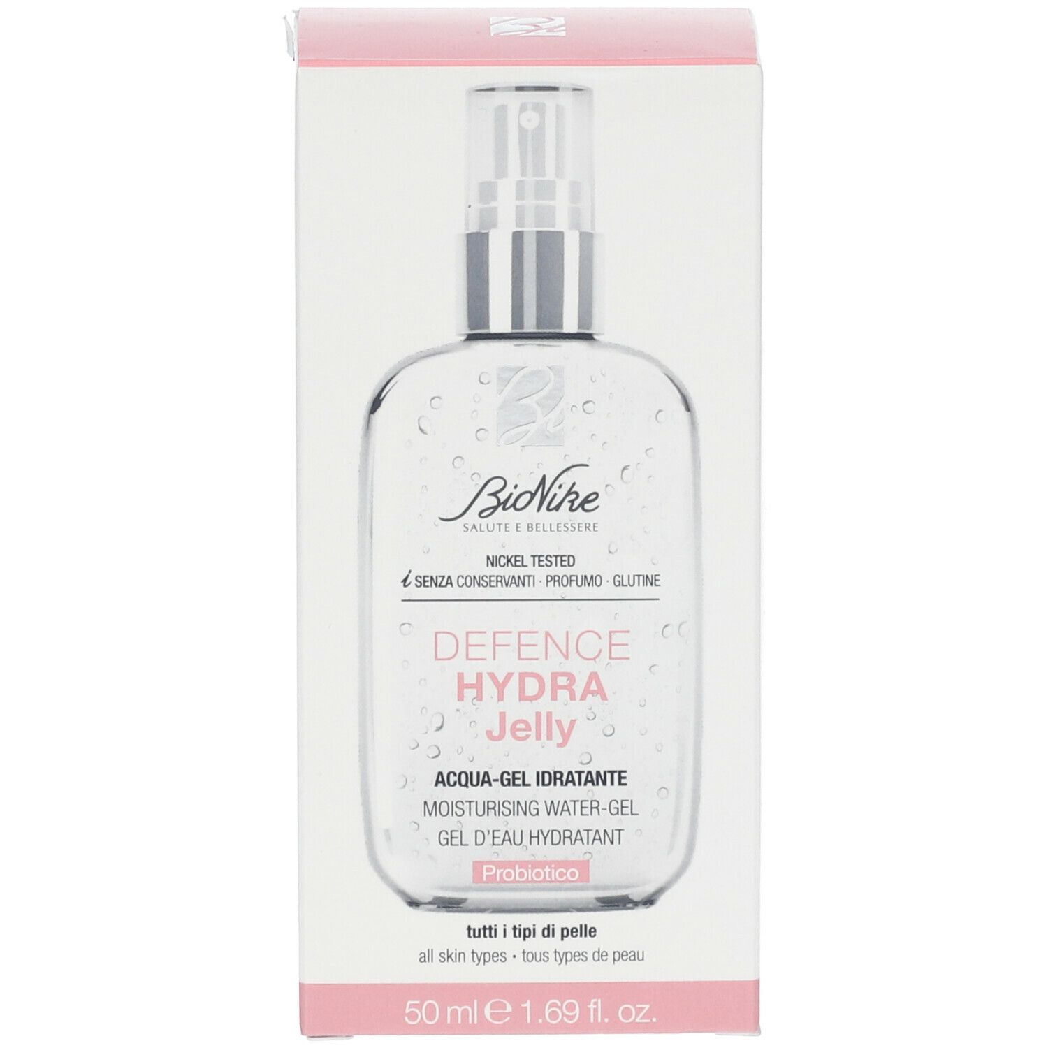 Flacone e confezione. Scritta: BioNike, Defence Hydra Jelly. Testo: Acqua-Gel Idratante, 50 ml, 1.69 fl. oz.