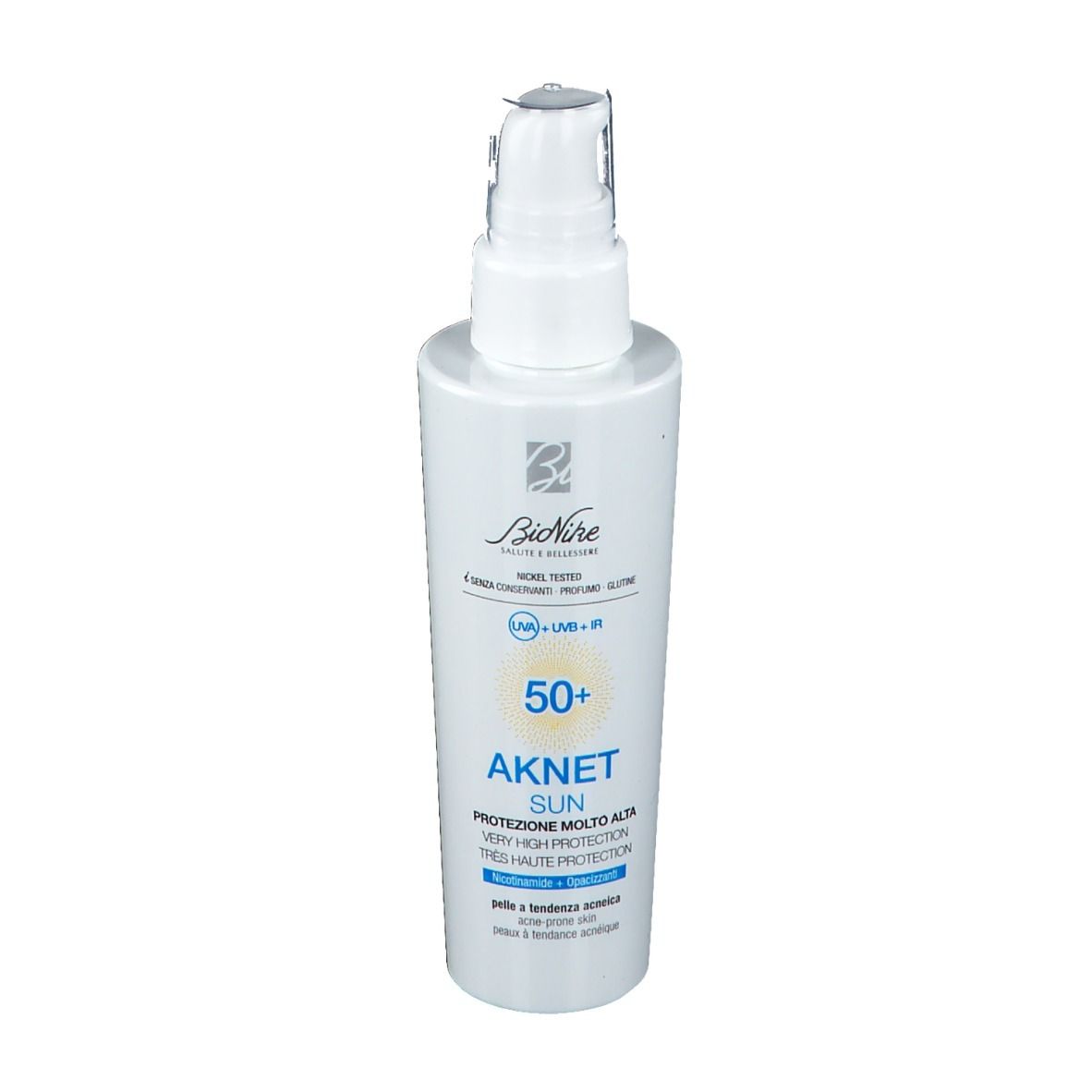 Flacon blanc avec vaporisateur. Inscription : Bionike, AKNET SUN SPF 50+. Texte en italien et en français.