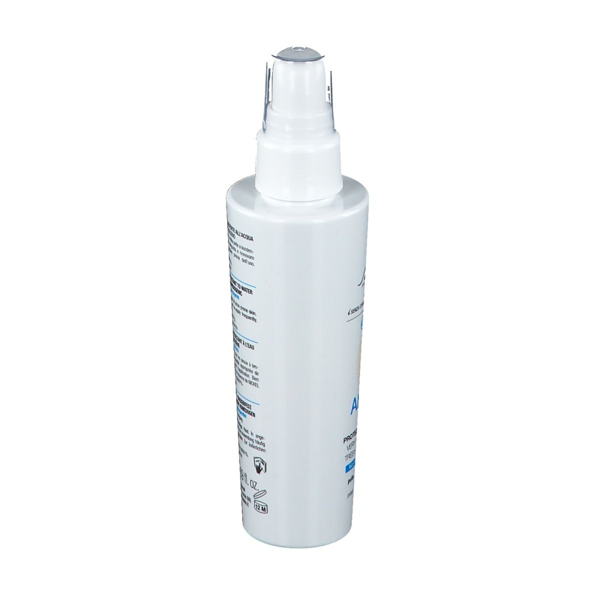Vue latérale d'un flacon blanc avec vaporisateur. Texte en italien et en français. Volume : 50 ml.