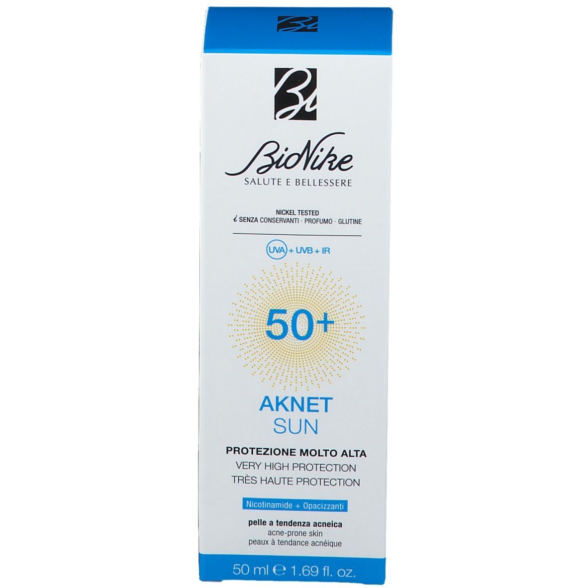 Boîte avec inscription : Bionike, AKNET SUN SPF 50+. Texte en italien et en français. Volume : 50 ml.