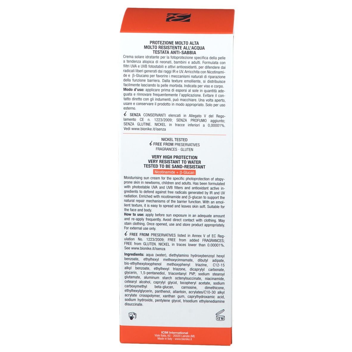 Confezione. Testo multilingue. Scritta: Triderm A.D. Crema solare. Ingredienti.