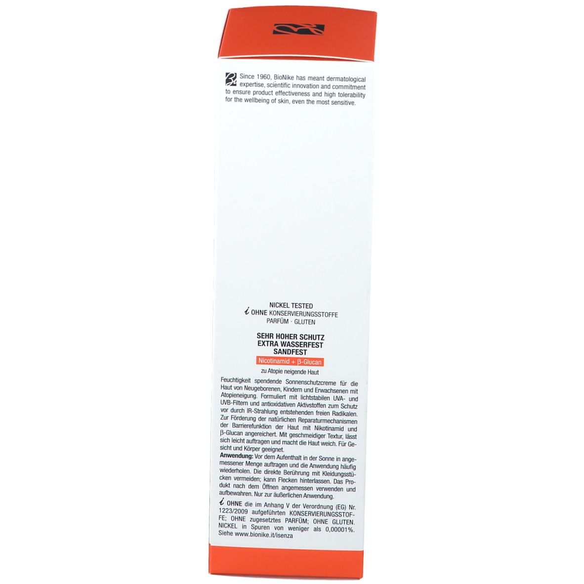 Confezione. Testo multilingue. Scritta: Triderm A.D. Crema solare. Utilizzo.