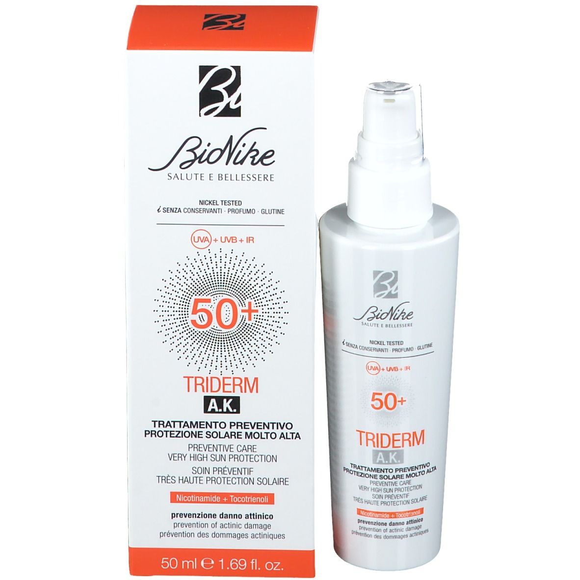 Flacone e confezione BioNike Triderm A.K. SPF 50+. Protezione solare. Dettagli arancioni.
