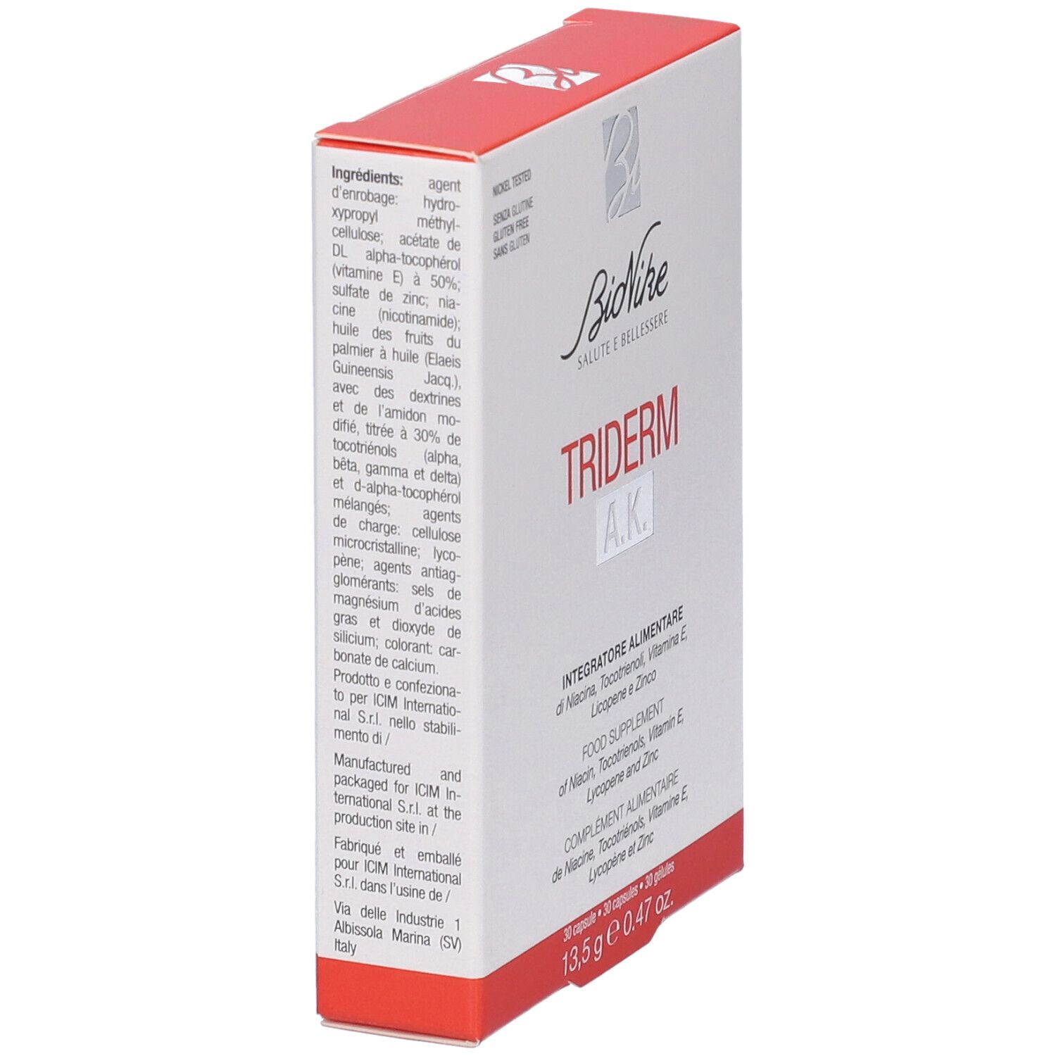 BioNike TRIDERM A.K. Schachtel, Seitenansicht. Enthält Produktinformationen und Zutaten. Rote und weiße Verpackung.