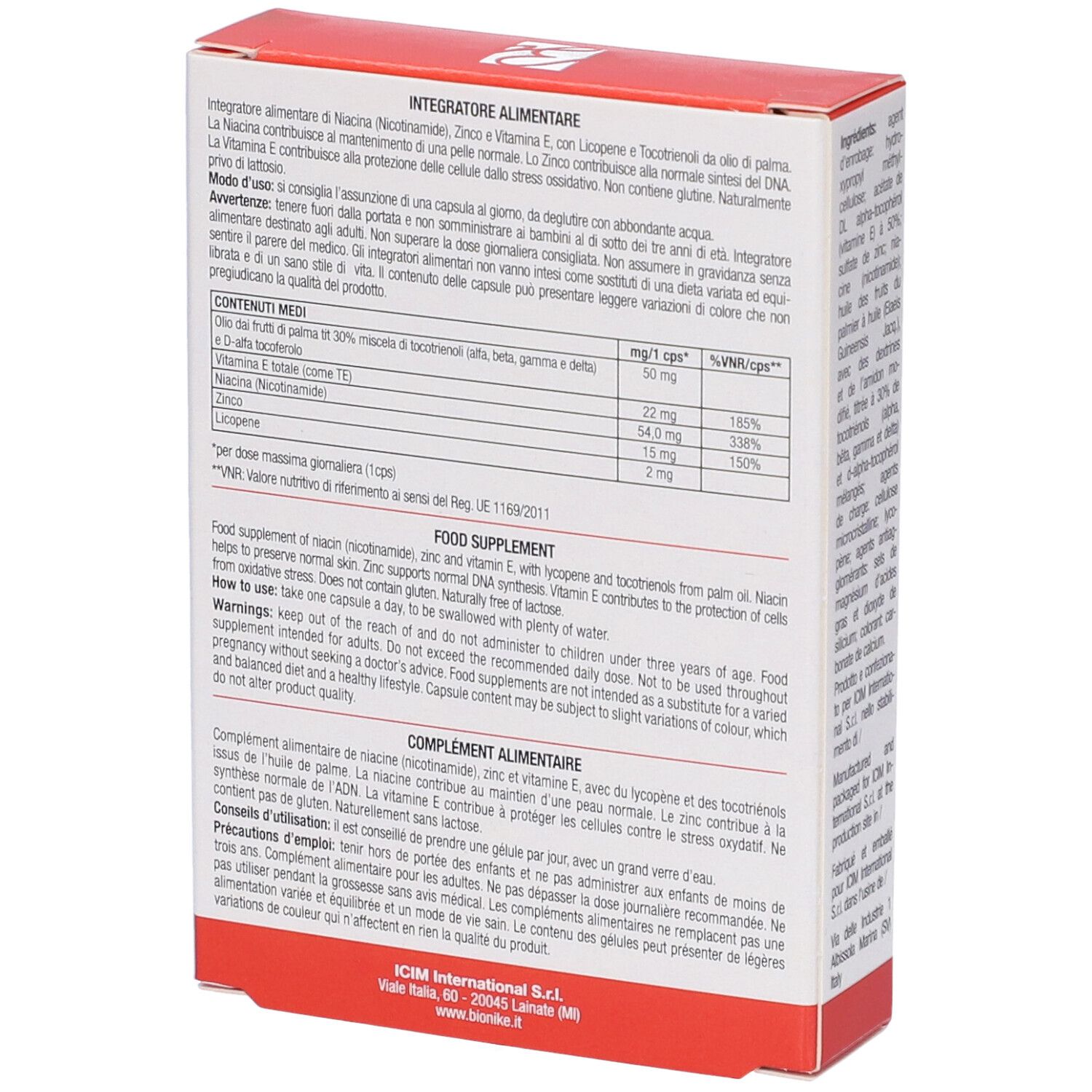 Rückseite der BioNike TRIDERM A.K. Schachtel. Enthält Informationen zu Inhaltsstoffen und Anwendung. Mehrsprachig.