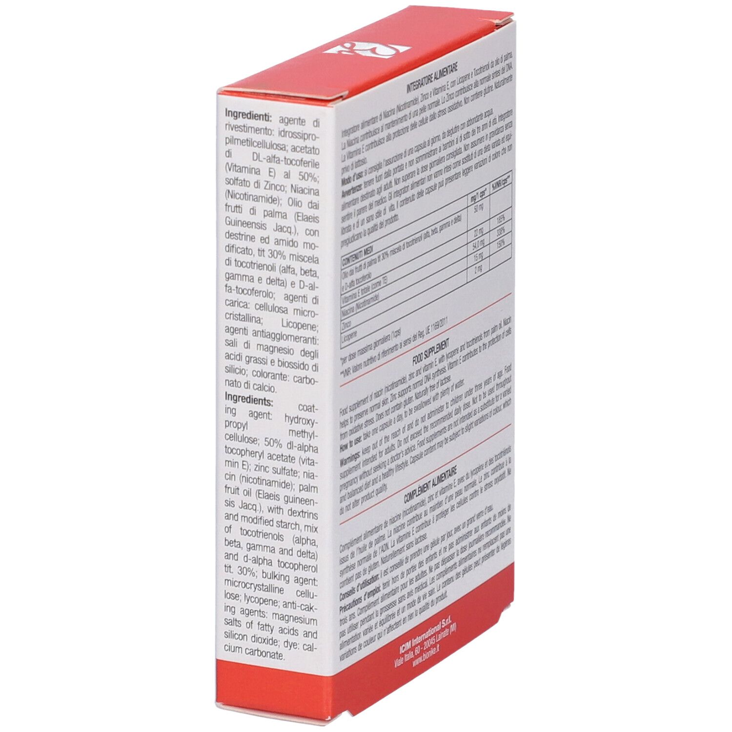 Seitenansicht der BioNike TRIDERM A.K. Schachtel. Enthält Informationen zu Inhaltsstoffen. Rote und weiße Verpackung.