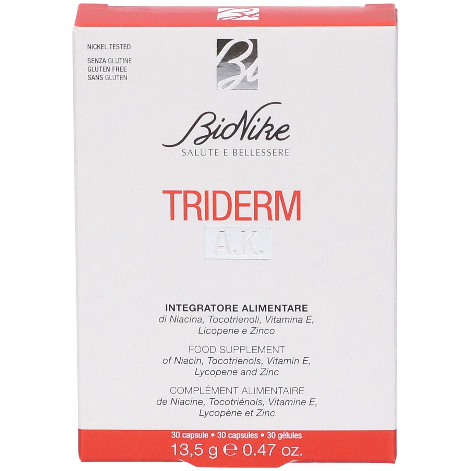 BioNike TRIDERM A.K. Schachtel, Vorderansicht. Enthält Produktnamen und Informationen. Rote und weiße Verpackung.