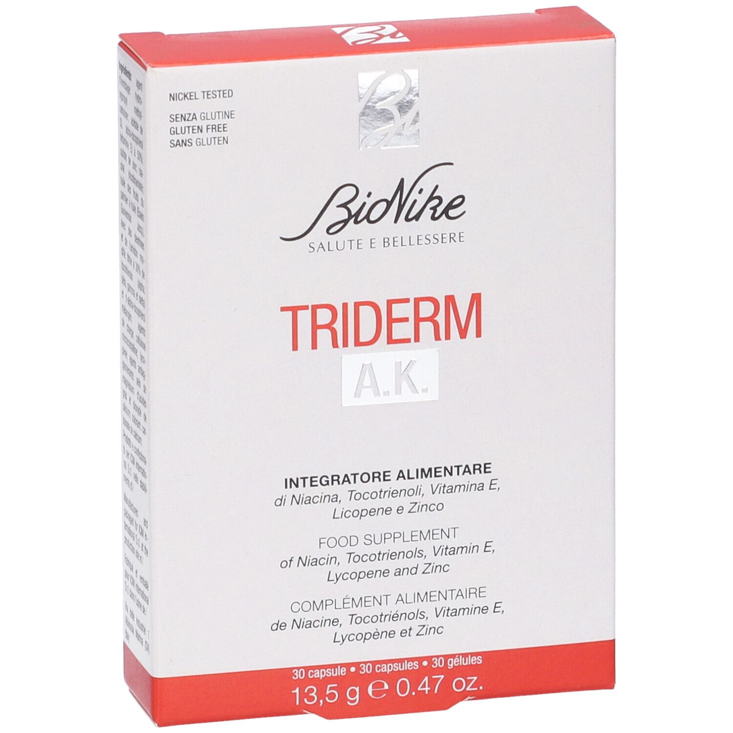 BioNike TRIDERM A.K. Schachtel, Vorderansicht. Enthält Produktnamen und Informationen. Rote und weiße Verpackung.