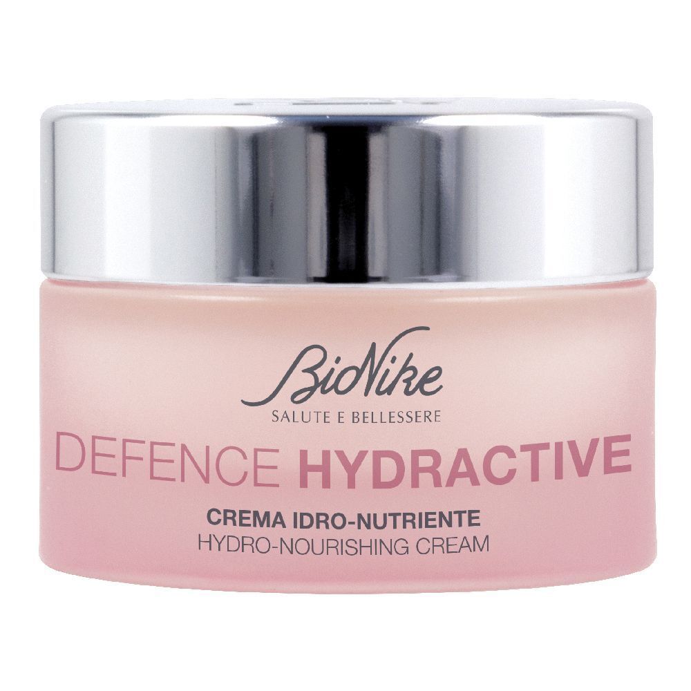 Vaso di crema rosa con coperchio argentato. Scritta: BioNike Defence Hydractive. Crema per pelli secche.