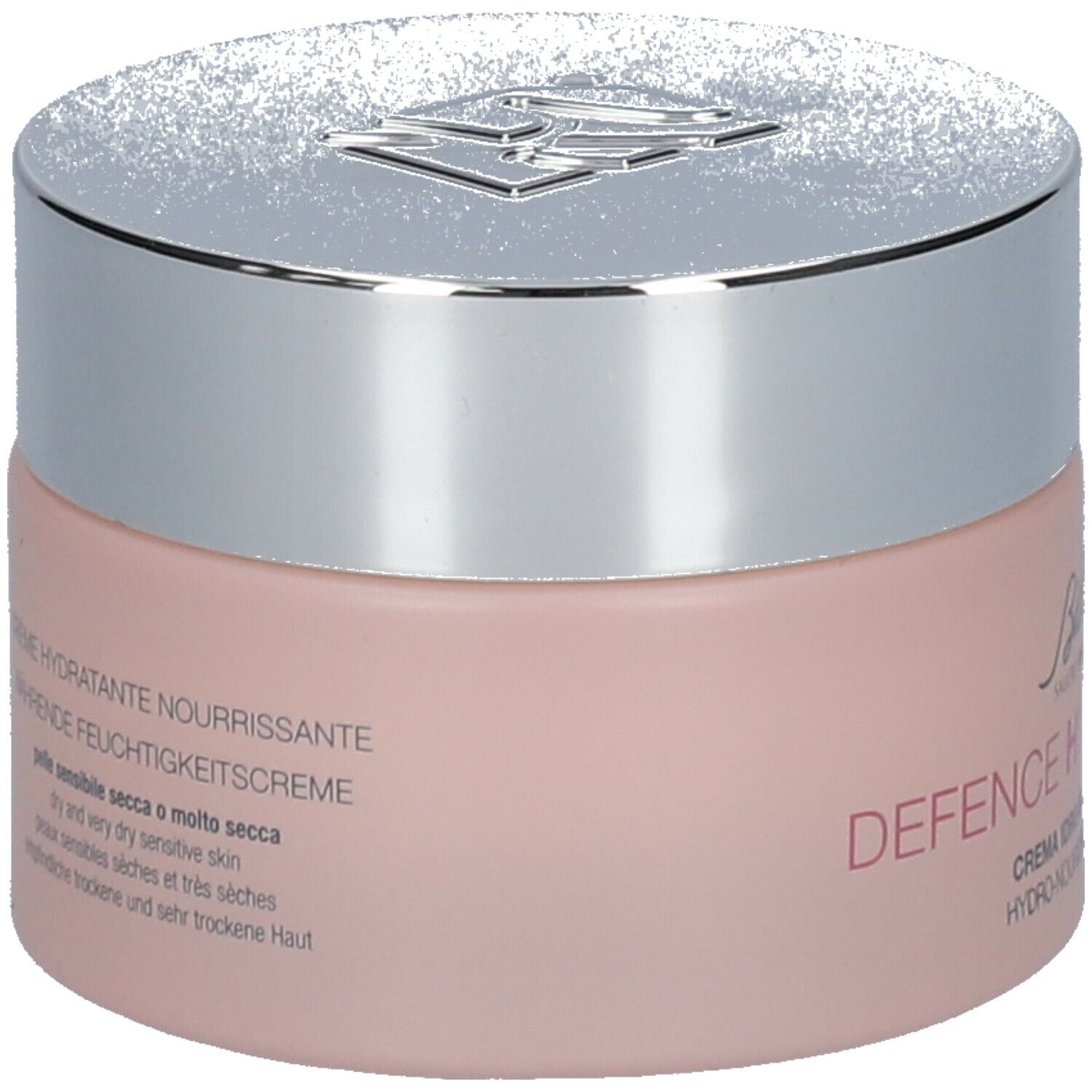 Vaso di crema rosa con coperchio argentato. Scritta: BioNike Defence Hydractive. Crema per pelli secche.
