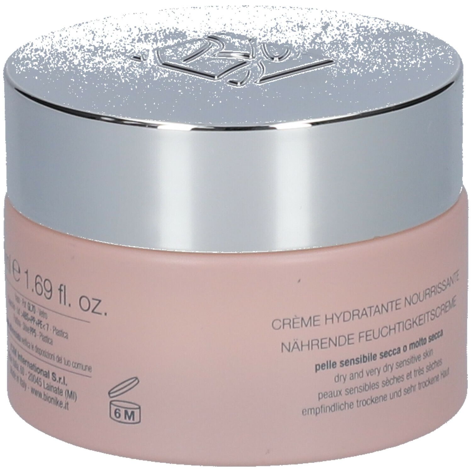 Vaso di crema rosa con coperchio argentato. Scritta: BioNike Defence Hydractive. Crema per pelli secche.