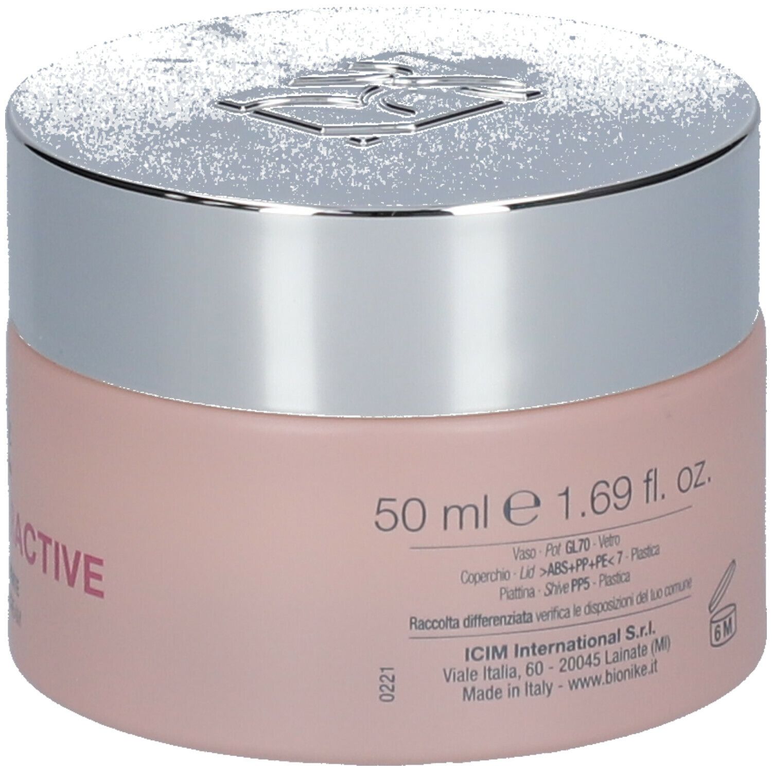 Vaso di crema rosa con coperchio argentato. Scritta: BioNike Defence Hydractive. Crema per pelli secche.