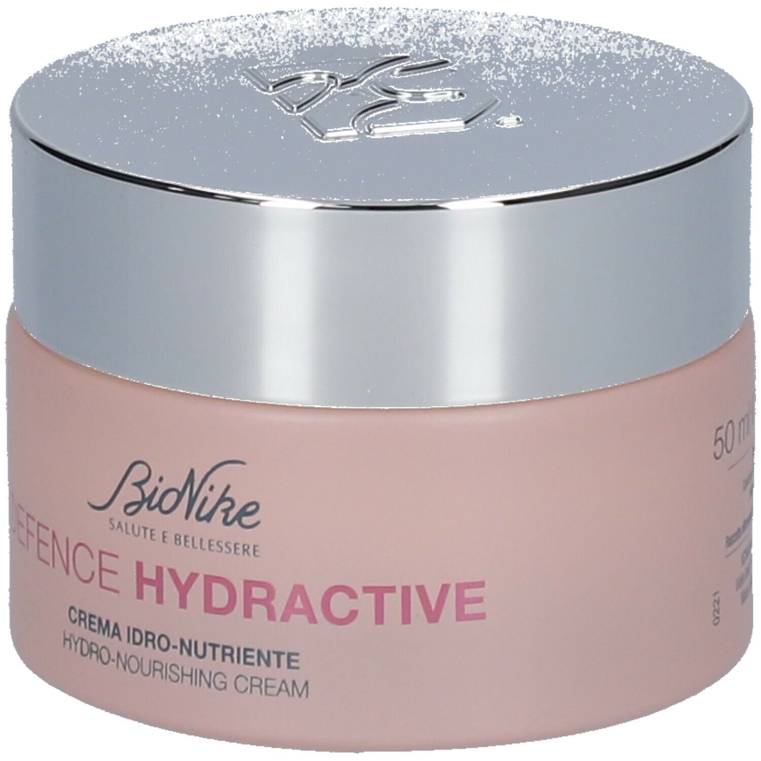 Vaso di crema rosa con coperchio argentato. Scritta: BioNike Defence Hydractive. Crema per pelli secche.