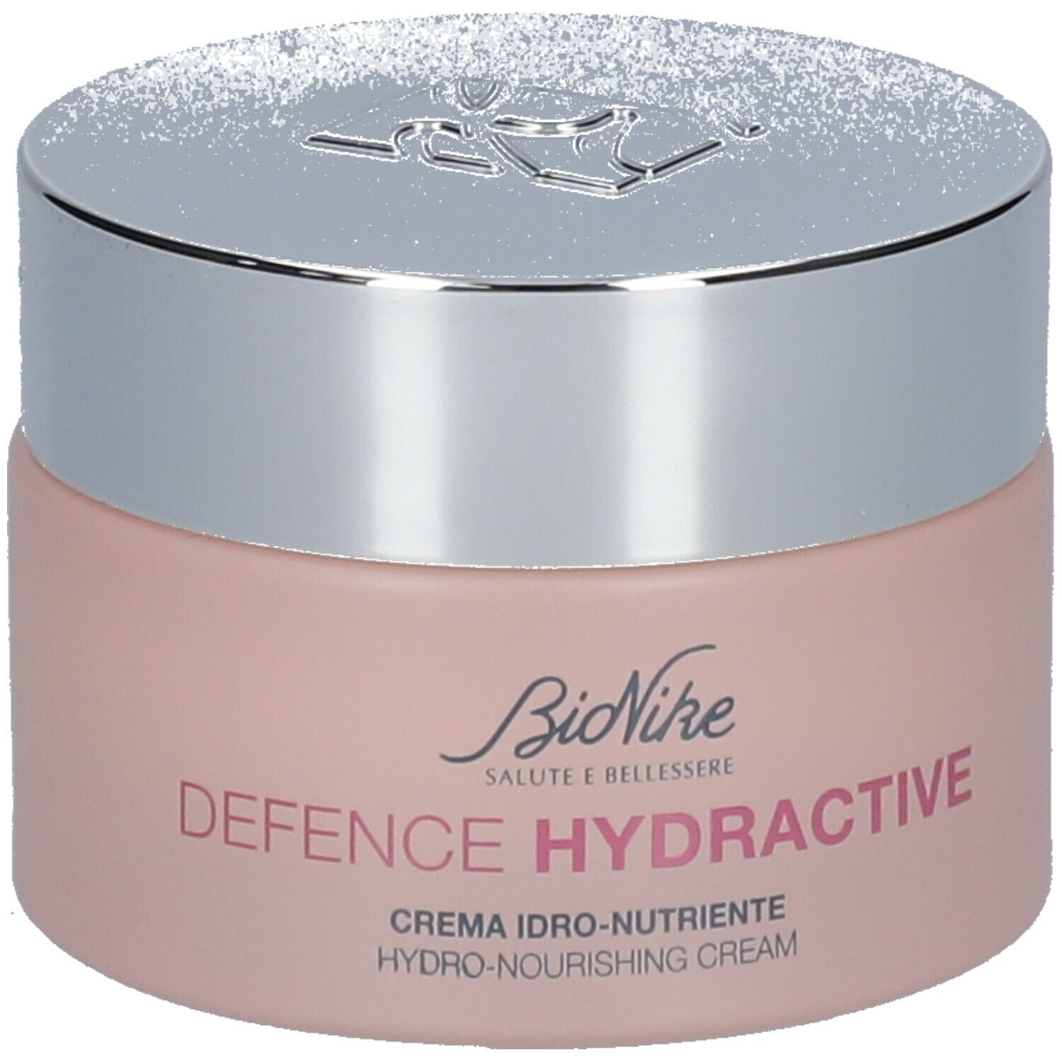 Vaso di crema rosa con coperchio argentato. Scritta: BioNike Defence Hydractive. Crema per pelli secche.