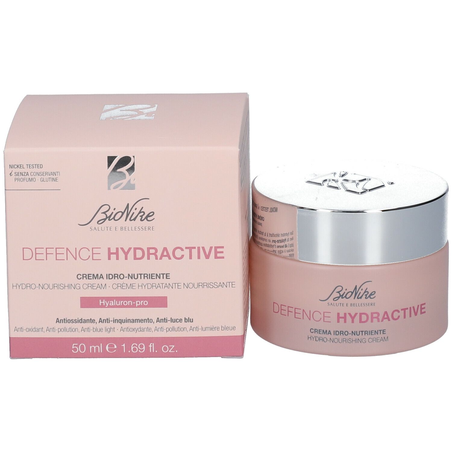 Vaso di crema rosa con coperchio argentato e scatola. Scritta: BioNike Defence Hydractive. Crema per pelli secche.