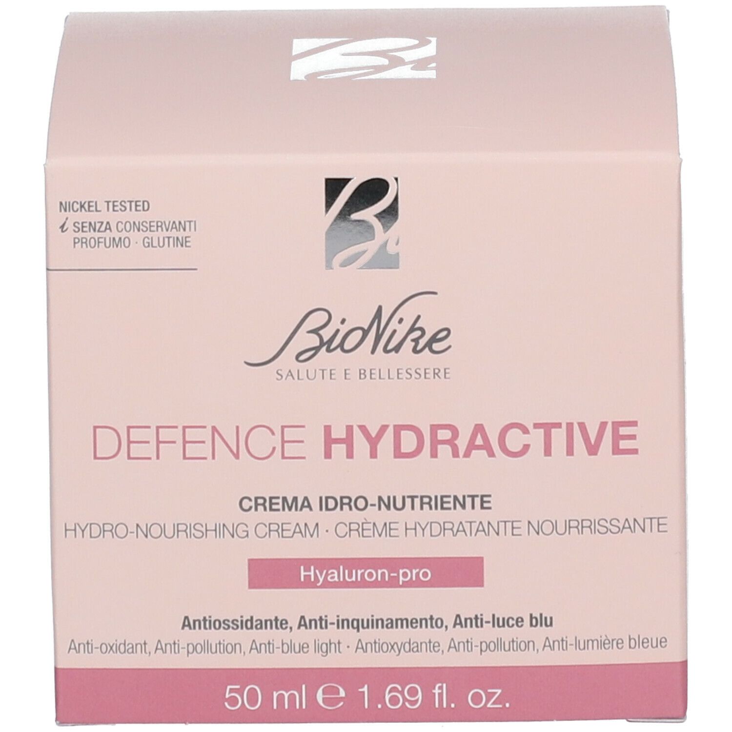 Scatola rosa con scritta: BioNike Defence Hydractive. Crema per pelli secche. Contiene 50 ml.