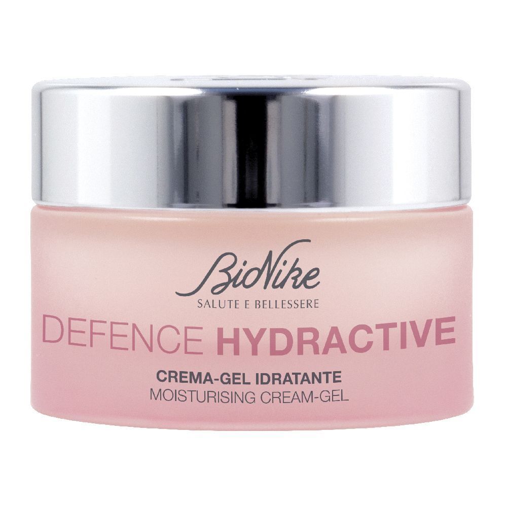 Vaso crema-gel rosa con coperchio argentato. Scritta: BioNike Defence Hydractive. Testo crema-gel.