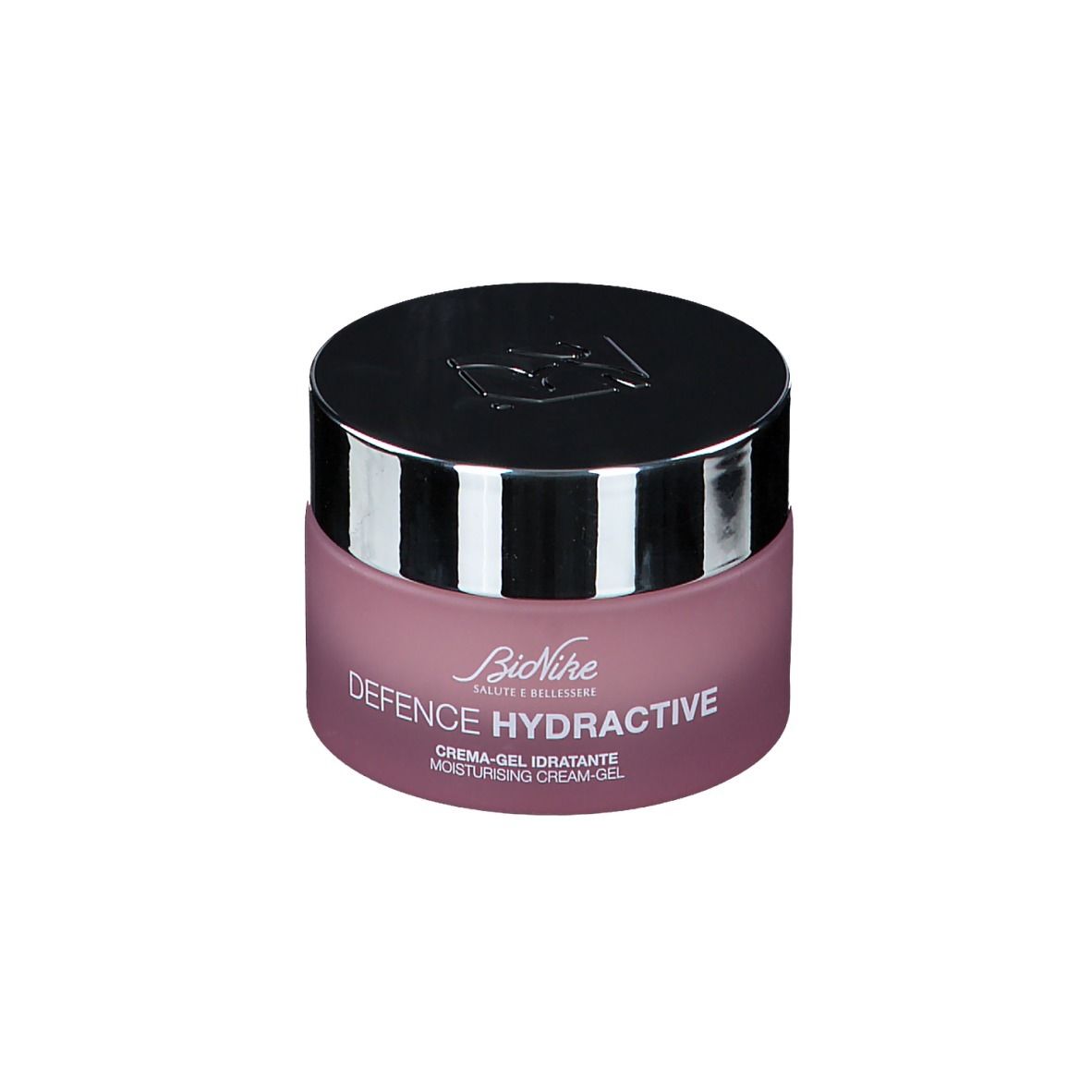 Vaso crema-gel rosa con coperchio argentato. Scritta: BioNike Defence Hydractive. Testo crema-gel.