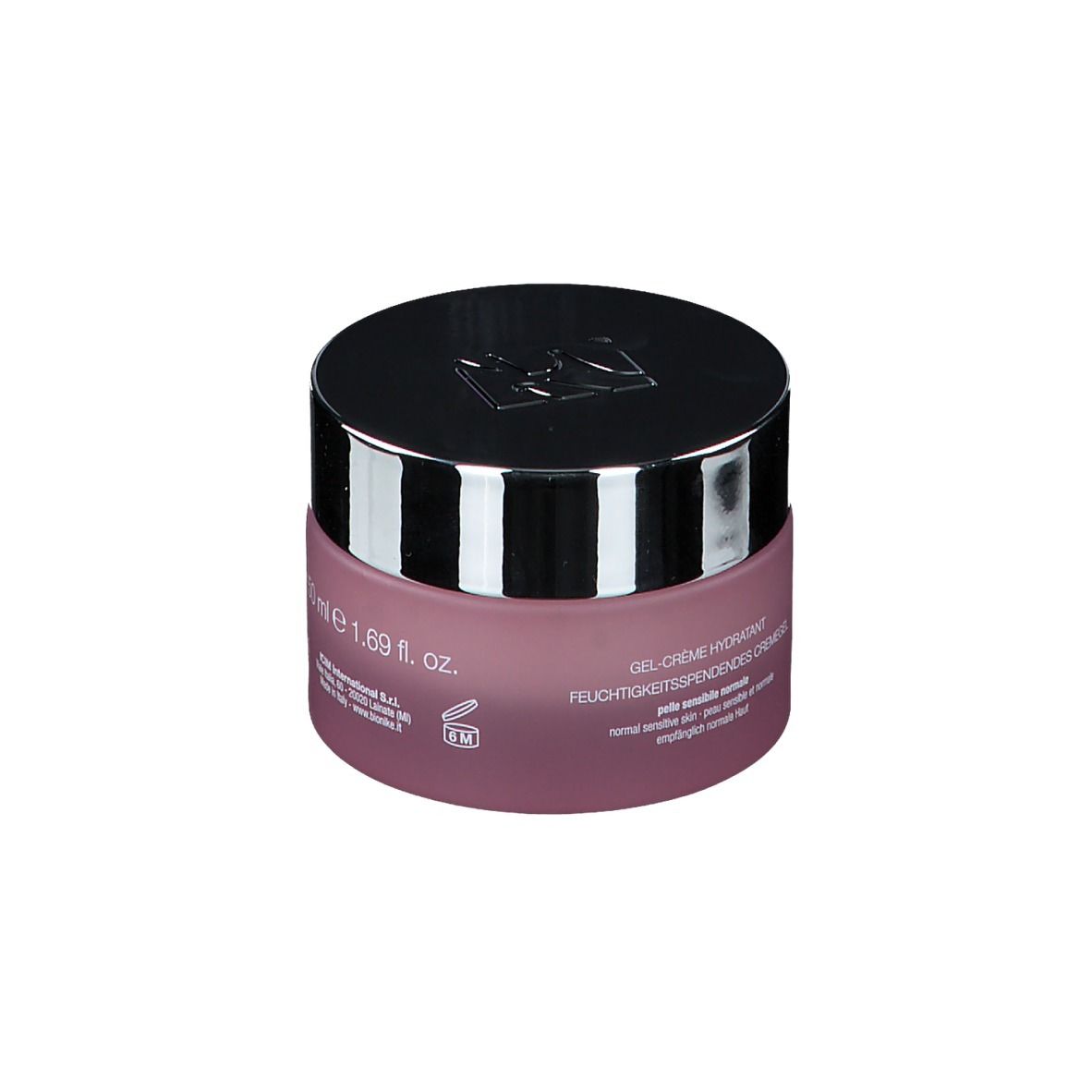 Vaso crema-gel rosa con coperchio argentato. Scritta: BioNike Defence Hydractive. Testo crema-gel.