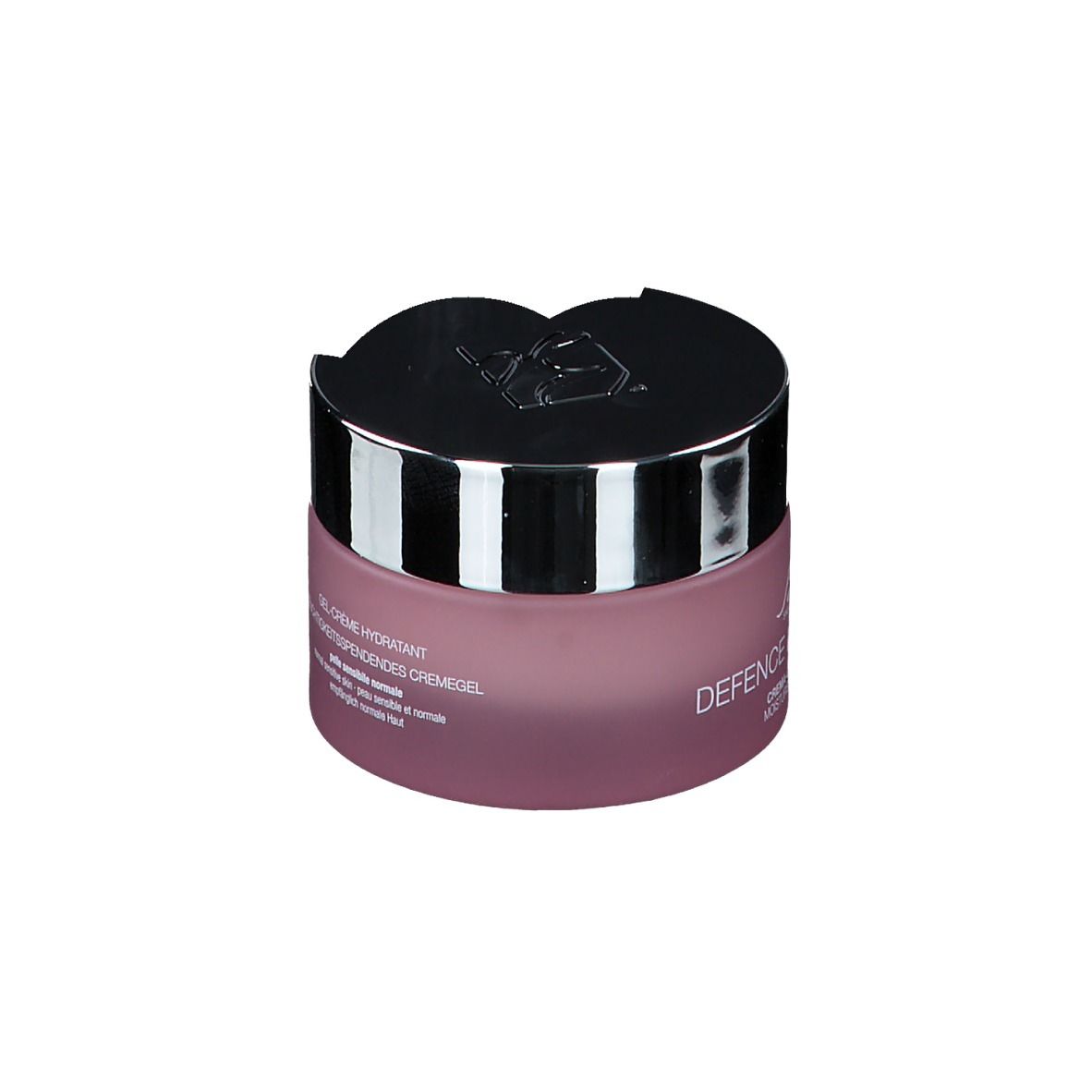 Vaso crema-gel rosa con coperchio argentato. Scritta: BioNike Defence Hydractive. Testo crema-gel.