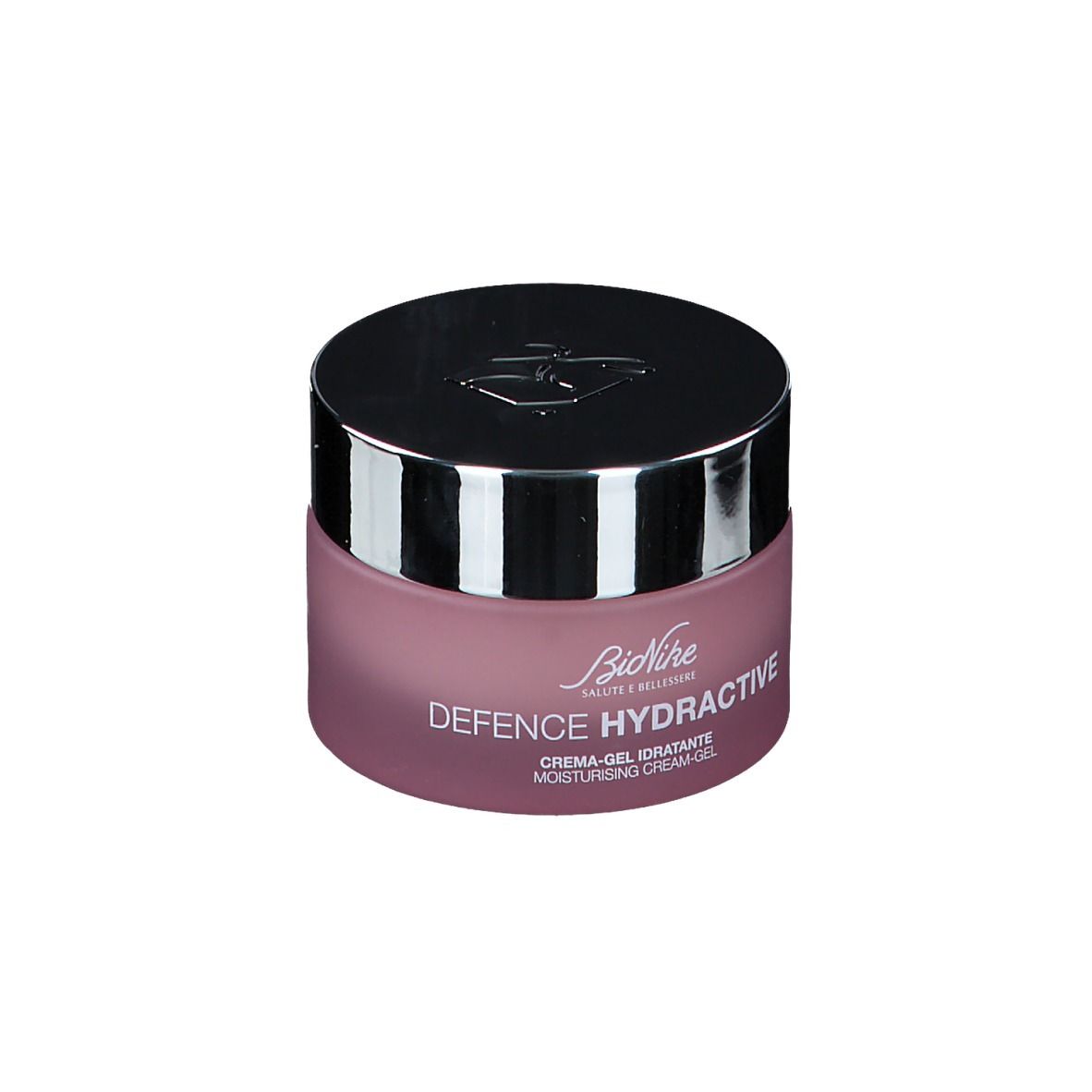 Vaso crema-gel rosa con coperchio argentato. Scritta: BioNike Defence Hydractive. Testo crema-gel.