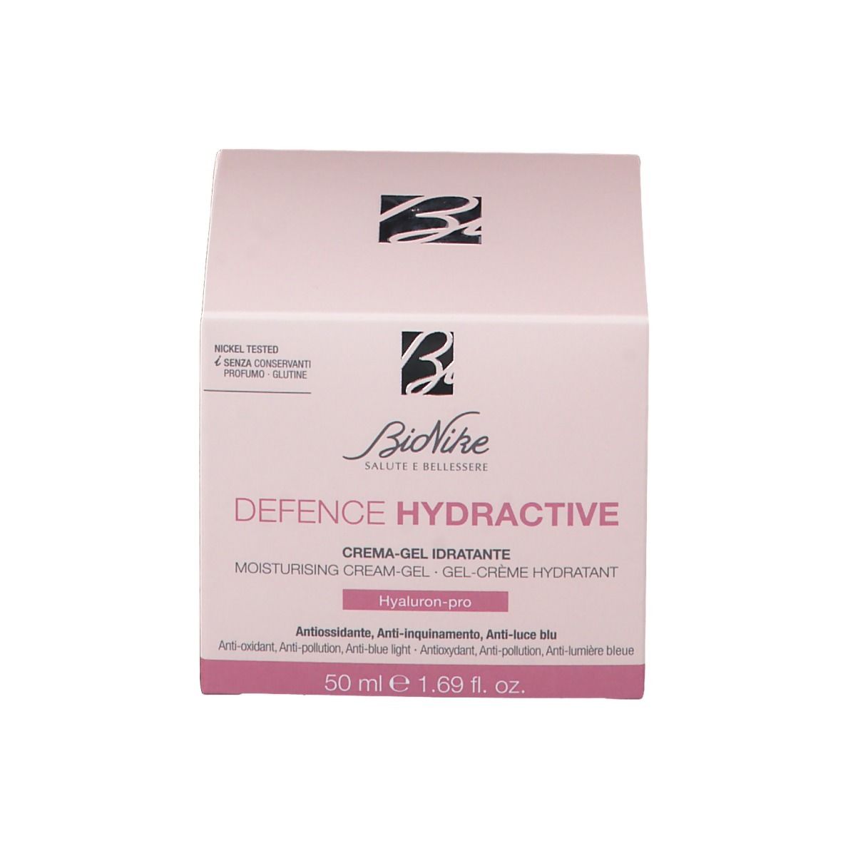 Confezione crema-gel BioNike Defence Hydractive. Scatola rosa con informazioni sul prodotto e logo.