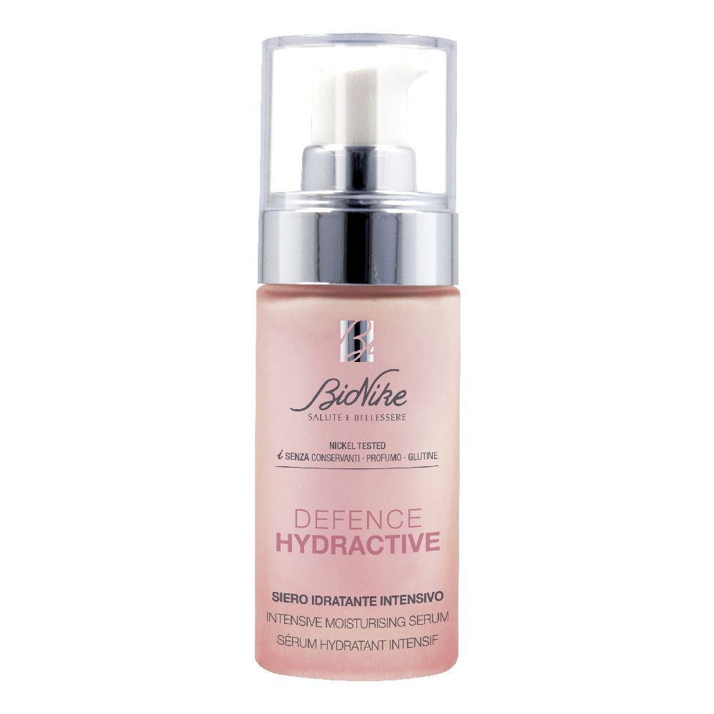 Flacone di siero rosa con dosatore. Scritta: Defence Hydractive, Bionike. Nickel Tested.