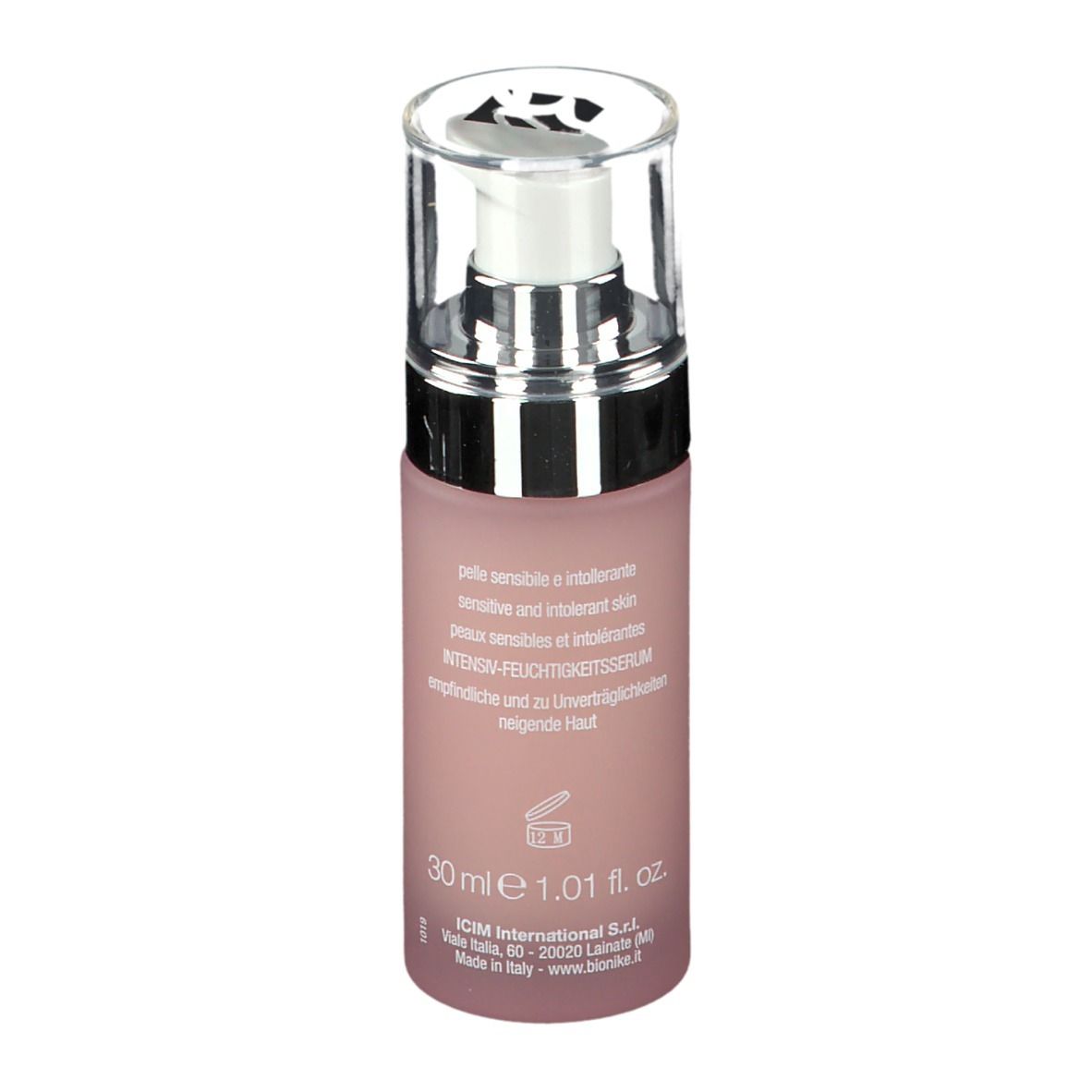 Flacone di siero rosa con dosatore. Scritta: Defence Hydractive, Bionike. 30 ml.