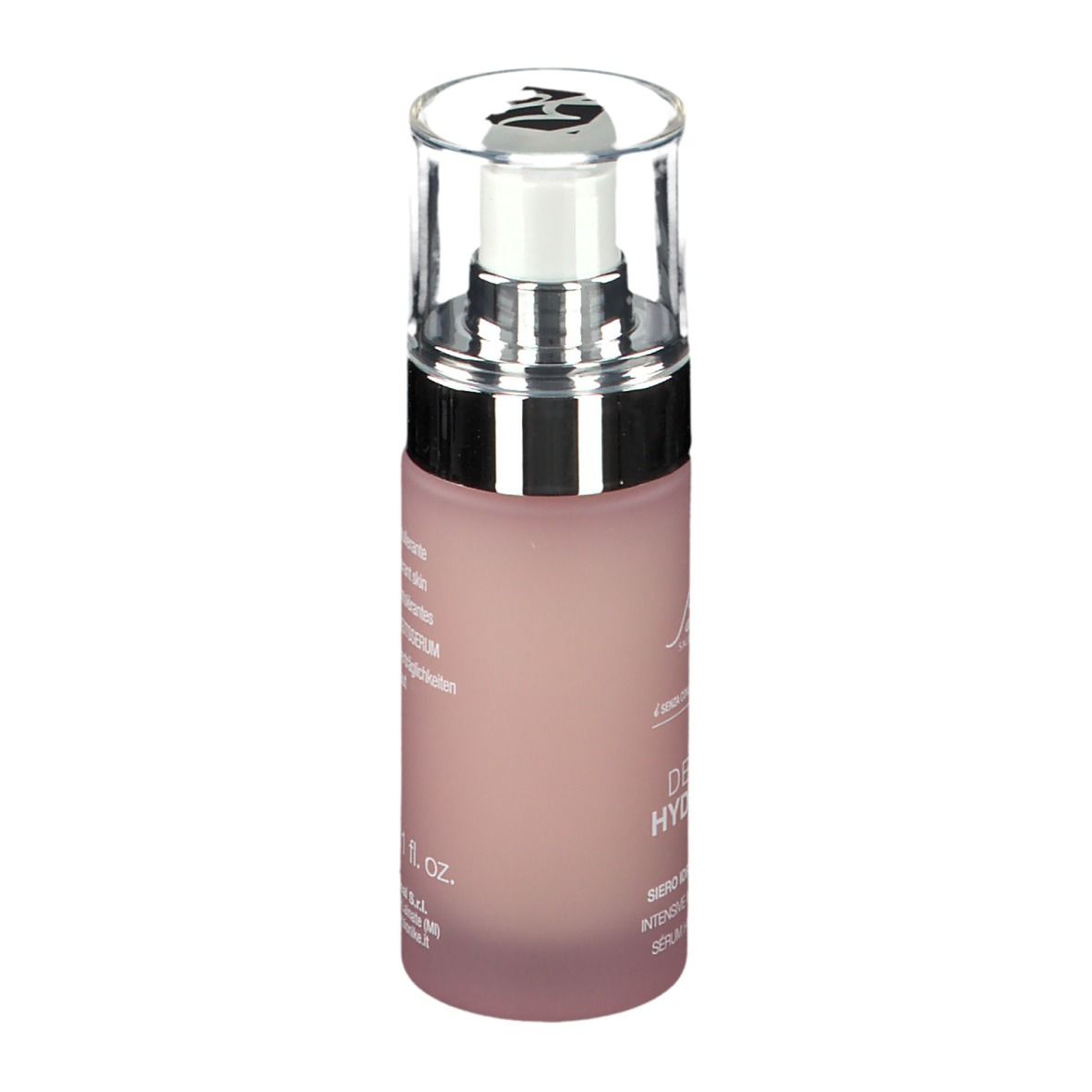 Flacone di siero rosa con dosatore. Scritta: Defence Hydractive, Bionike. 30 ml.