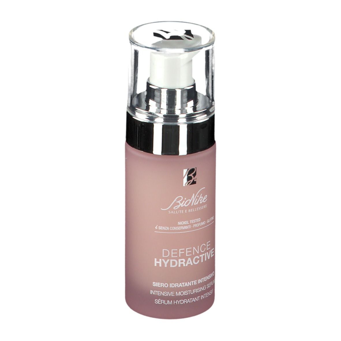 Flacone di siero rosa con dosatore. Scritta: Defence Hydractive, Bionike. 30 ml.