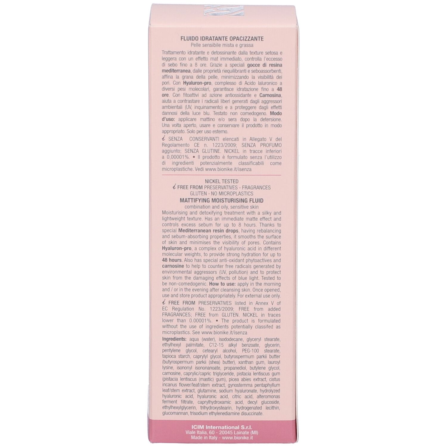 Seite der rosa Schachtel. Text in mehreren Sprachen. Enthält Informationen über das Produkt und die Inhaltsstoffe.