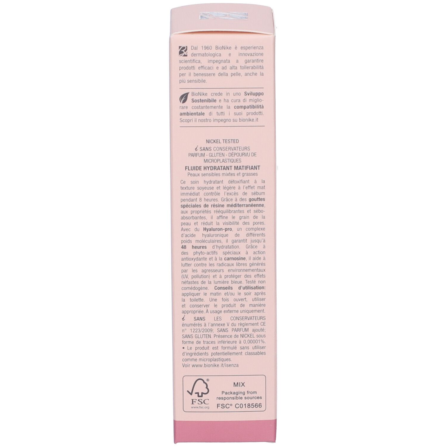 Seite der rosa Schachtel. Text in mehreren Sprachen. Enthält Informationen über die Marke und Zertifizierungen.