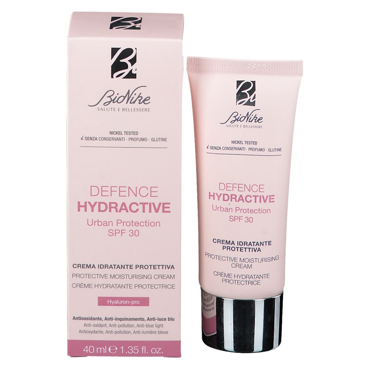 Scatola e tubo rosa. Contiene "Defence Hydractive Urban Protection SPF 30". Marchio: BioNike. 40 ml.